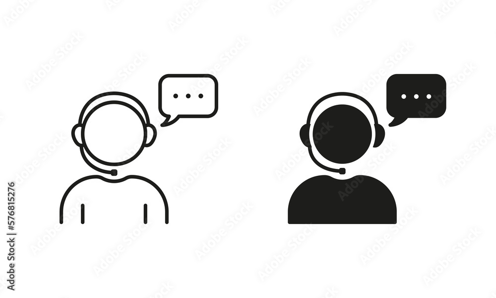 Customer Support Service Silhouette and Line Icon Set. Online Call Center Agent in Headset Pictogram. Hotline Assistant in Headphone with Speech Bubble. Editable Stroke. Isolated Vector Illustration - obrazy, fototapety, plakaty 