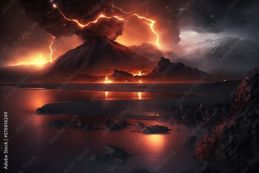 Volcano eruption at night with storm and lightning Stock Illustration ...