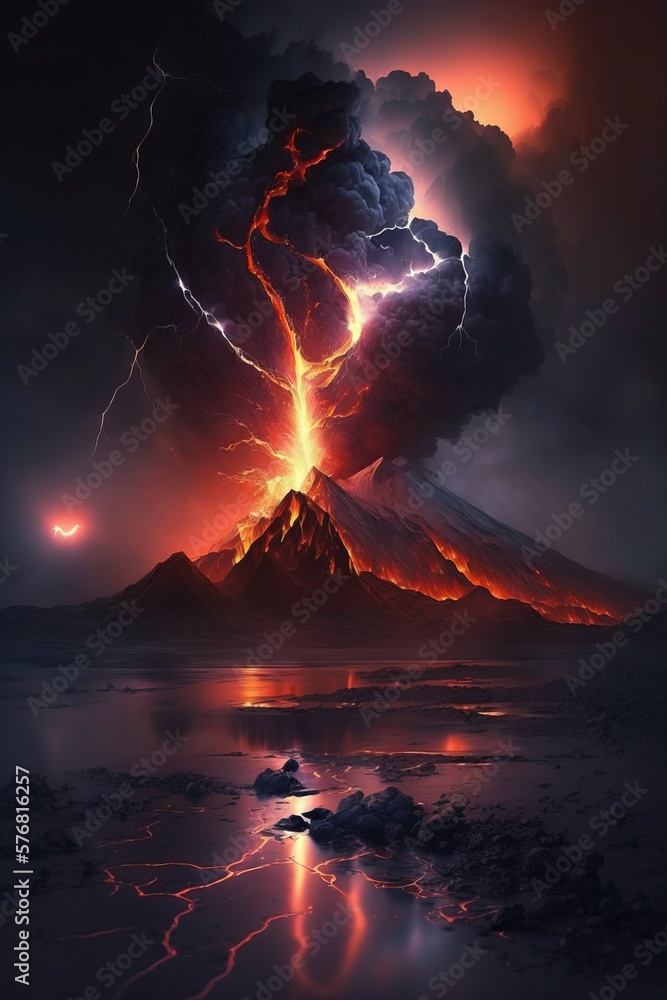 Volcano eruption at night with storm and lightning