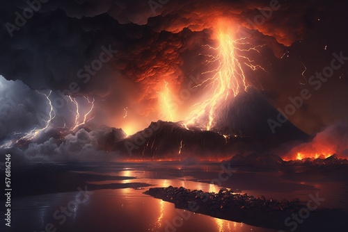 Volcano eruption at night with storm and lightning