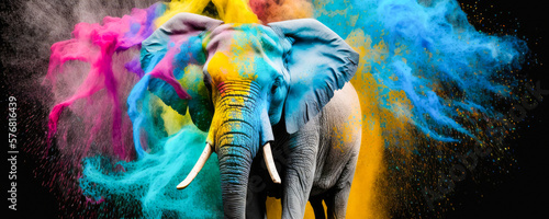 Elephant colorful, festival of colors, powder explosion background © GHart