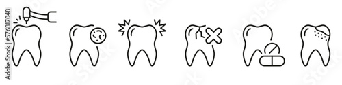 Tooth Drilling, Dental Procedure Line Icon Set. Cracked Teeth, Orthodontic Care Linear Pictogram. Tooth Caries. Dentistry Symbol. Dental Treatment Sign. Editable Stroke. Isolated Vector Illustration
