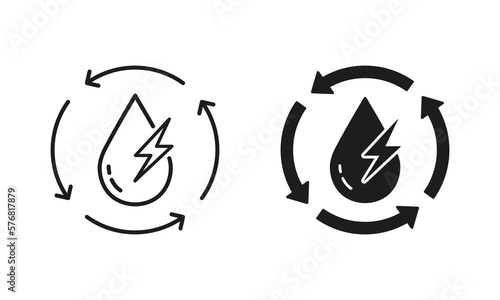 Renewable Hydropower, Waterdrop with Lightning and Arrows Line and Silhouette Icon Set. Hydroelectric Eco Green Energy Symbol Collection on White Background. Isolated Vector Illustration