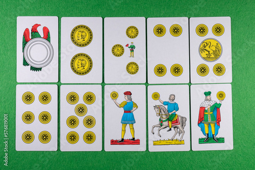Italian playing cards, sicilian deck coins suit photo