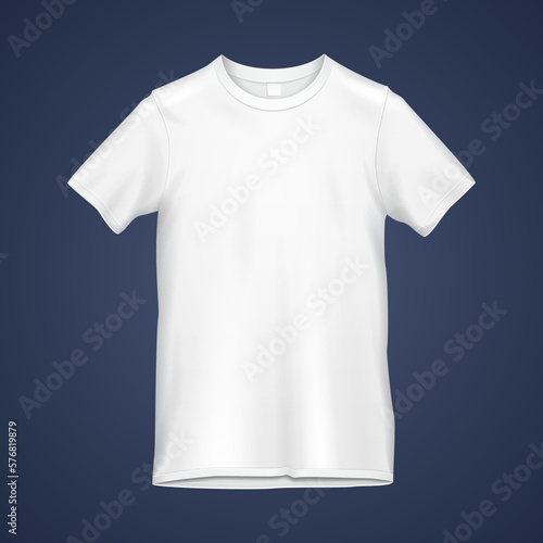 Mockup White Blank Mens Or Unisex Cotton T-Shirt On The Hanger. Front View. Illustration Isolated On Blue Background. Mock Up Template Ready For Your Design. Vector EPS10