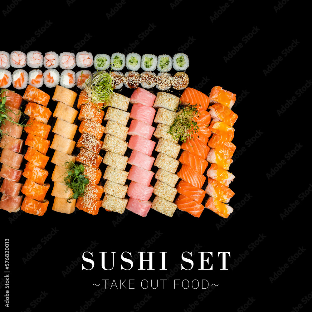 Large Set of different types of sushi rolls. A lot of sushi isolated on