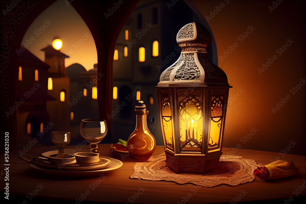 Arab style home with a lantern and candle on the dinner table ramadan generative ai