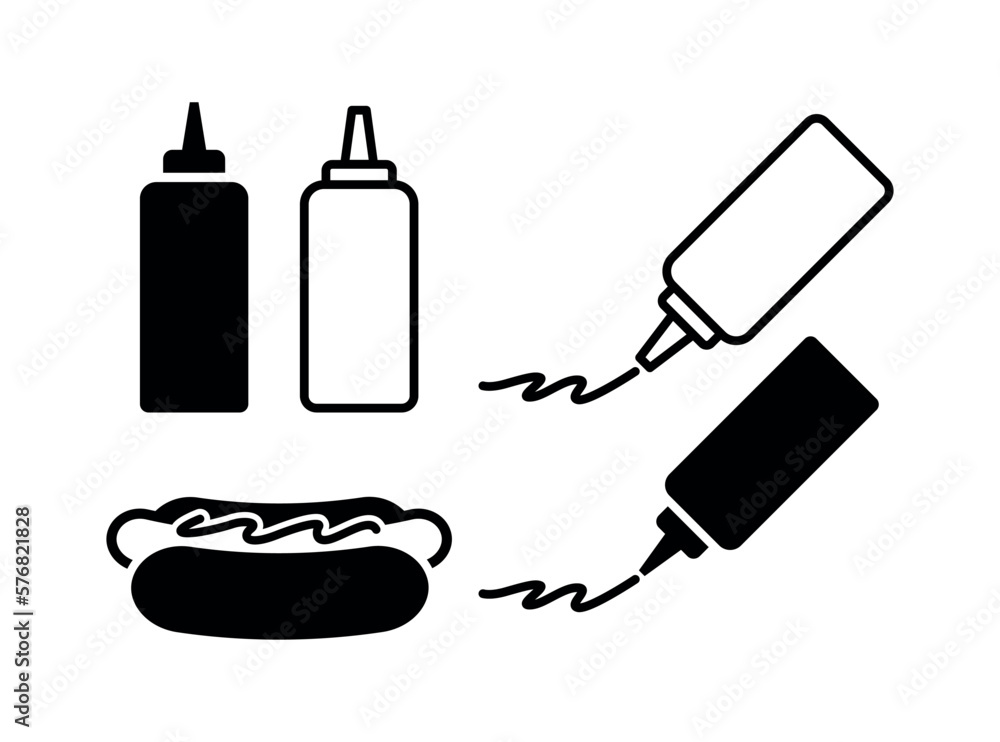 Fast food icons of mustard and ketchup dressing bottles. Hot dog icon. Fast food icons of mustard and ketchup dressing bottles. Hot dog icon.