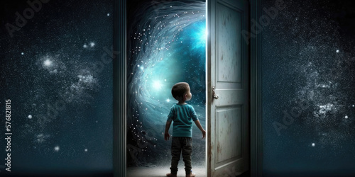 A kid opening a door to walk into imagine world, Generative AI