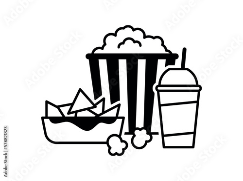 Popcorn, nachos and soda with straw. Cinema icon in flat design. vector illustration (ID: 576821823)