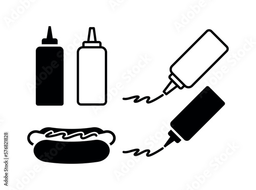 Fast food icons of mustard and ketchup dressing bottles. Hot dog icon. (ID: 576821828)