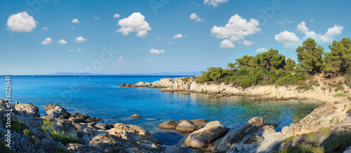 Aegean sea coast landscape with aquamarine water, view from Orange Beach (Chalkidiki, Greece).