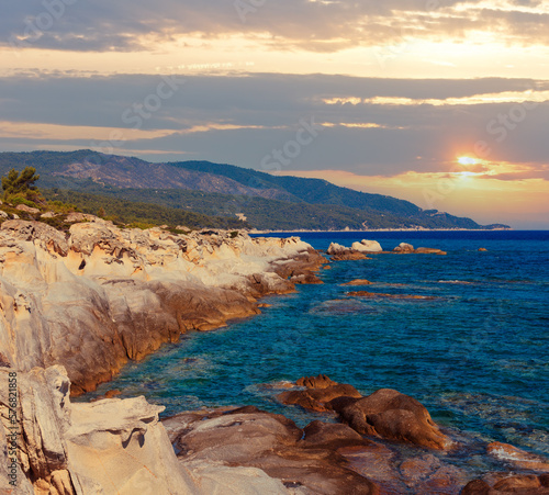 Summer morning Sithonia rocky coast landscape (Chalcidice, Greece). photo