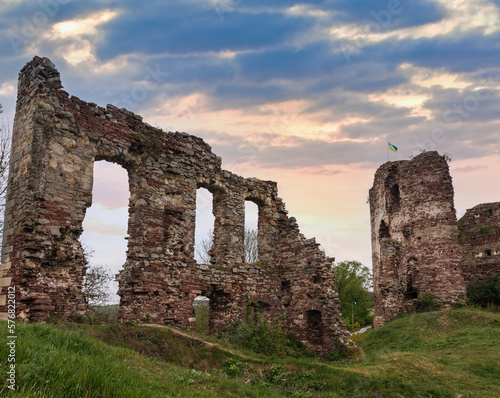 Buchach castle ruins with Ukrainian flag, Ternopil oblast, Ukraine. Dating to 14th century.