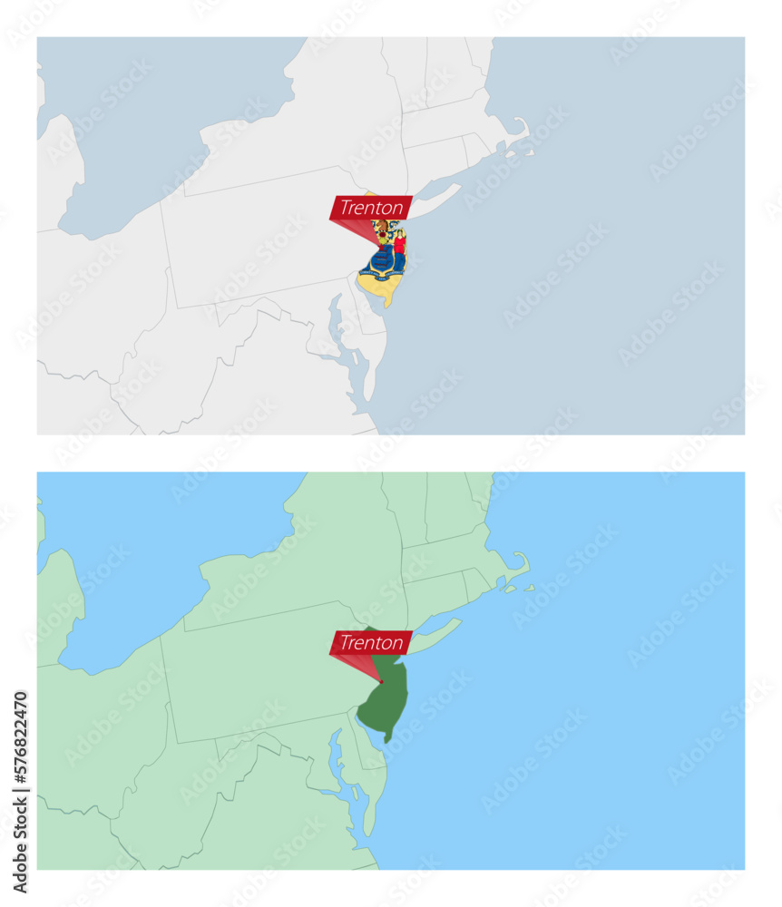 New Jersey map with pin of country capital. Two types of New Jersey map