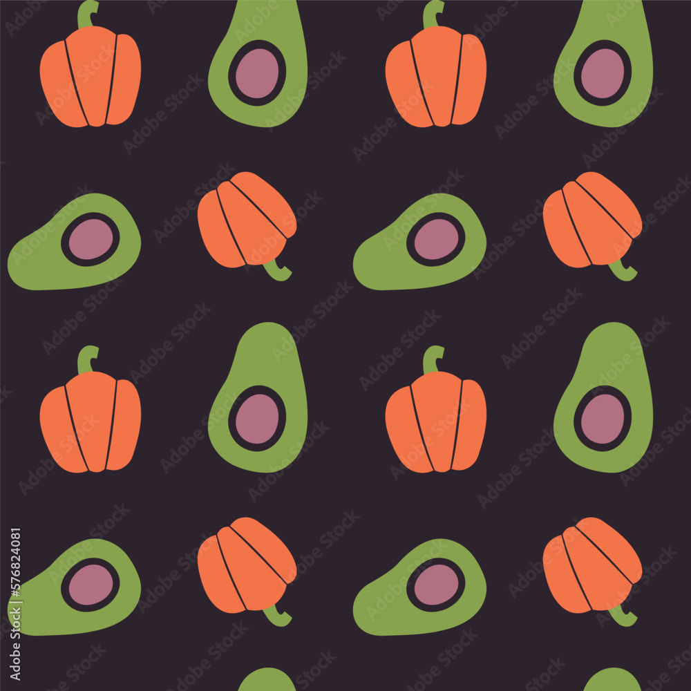 Vegetable seamless pattern with illustrations of avocado, paprika. Simple healthy food background with veggies for vegan menu, vegetarian merch, wrapping paper, fabric, wallpaper, packaging.