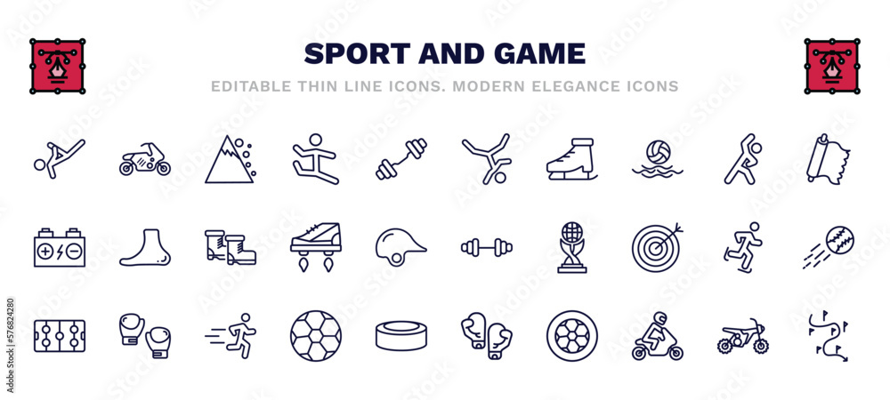 Naklejka premium set of sport and game thin line icons. sport and game outline icons such as capoeira, snow slide zone, breakdance, foil, ski boots, gym weight, hockey arena, football ball, football ball circular,