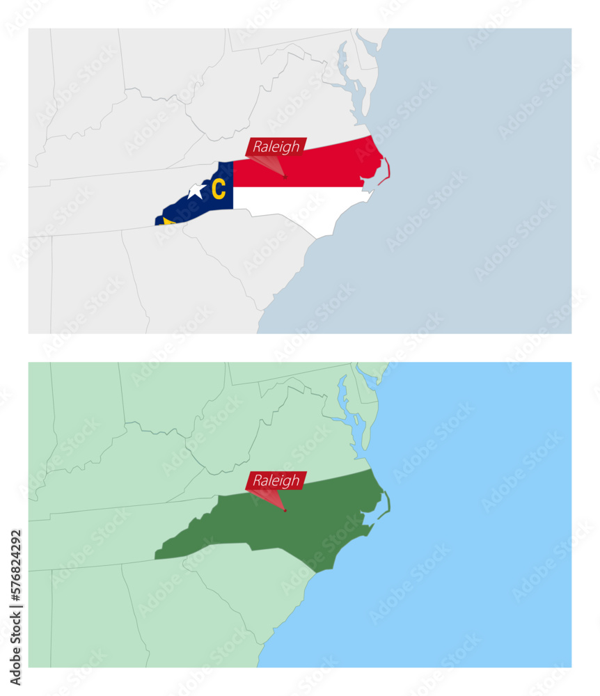 North Carolina map with pin of country capital. Two types of North