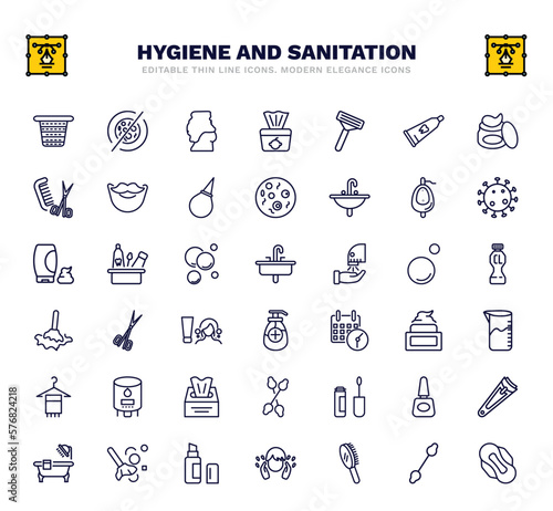 set of hygiene and sanitation thin line icons. hygiene and sanitation outline icons such as laundry basket, body shaming, shaving razor, urinal, washbasin, nail scissors, detergent dose, dolled up,