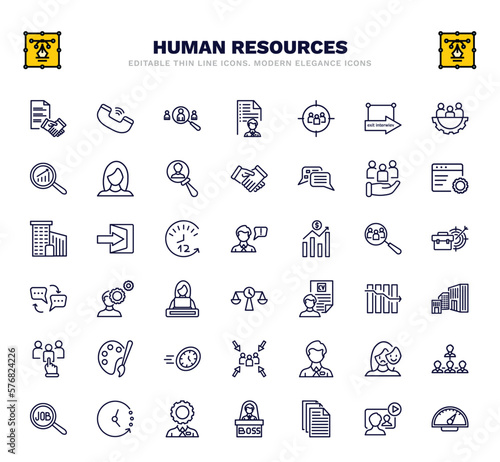 set of human resources thin line icons. human resources outline icons such as contract, recruitment, target audience, human resources, grievance, behavioral competency, company, employee,