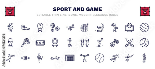 set of sport and game thin line icons. sport and game outline icons such as wushu, second prize, dartboard with dart, exercise ball, basketball court, shin guards, ice skating man, volleyball