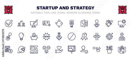 set of startup and strategy thin line icons. startup and strategy outline icons such as accept, web de, entrepreneur, web development, piggybank, restrict, budget, reaction, hire, franchise vector.