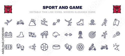 set of sport and game thin line icons. sport and game outline icons such as capoeira, snow slide zone, breakdance, foil, ski boots, gym weight, hockey arena, football ball, football ball circular,
