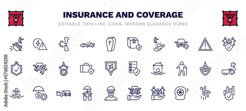 set of insurance and coverage thin line icons. insurance and coverage outline icons such as overturned car, fracture, cargo insurance, family long term protection, contract coverage, drown, real