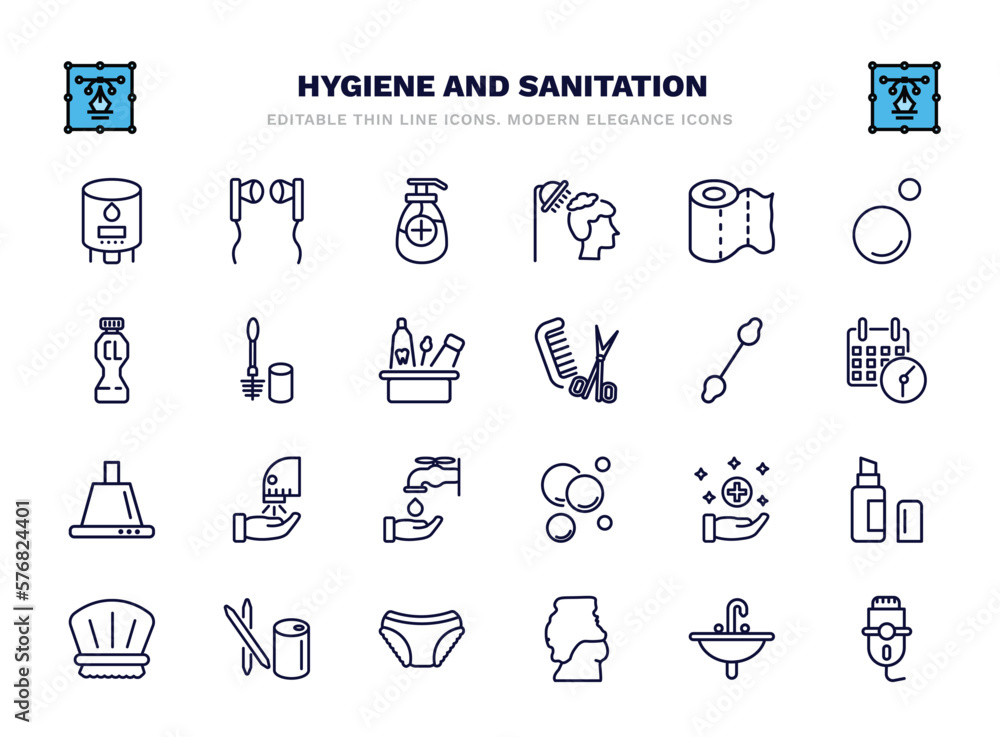 Naklejka premium set of hygiene and sanitation thin line icons. hygiene and sanitation outline icons such as water heater, antiseptic, paper towel, toilet brush, cotton swab, dryer, sanitary, toothpick, body