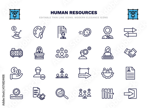 set of human resources thin line icons. human resources outline icons such as pension, job application, administrator, boss, working, remove user, teamwork, contract, selection process, quit vector.