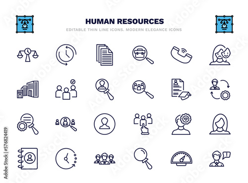 set of human resources thin line icons. human resources outline icons such as time balance, files, call, selection, curriculum, recruitment, emotional intelligence, timing, searching, grievance