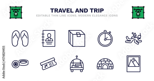 set of travel and trip thin line icons. travel and trip outline icons such as booking, packing, stopclock, scuba diving, rubber, rubber, boarding pass, bellhop, igloo, vector.
