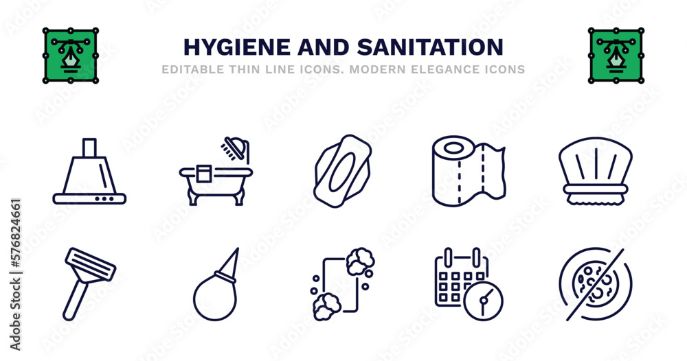 set of hygiene and sanitation thin line icons. hygiene and sanitation outline icons such as bathroom, hygienic pad, paper towel, shower cap, shaving razor, shaving razor, l aspirator, lather, set of hygiene and sanitation thin line icons. hygiene and sanitation outline icons such as bathroom, hygienic pad, paper towel, shower cap, shaving razor, shaving razor, l aspirator, lather,