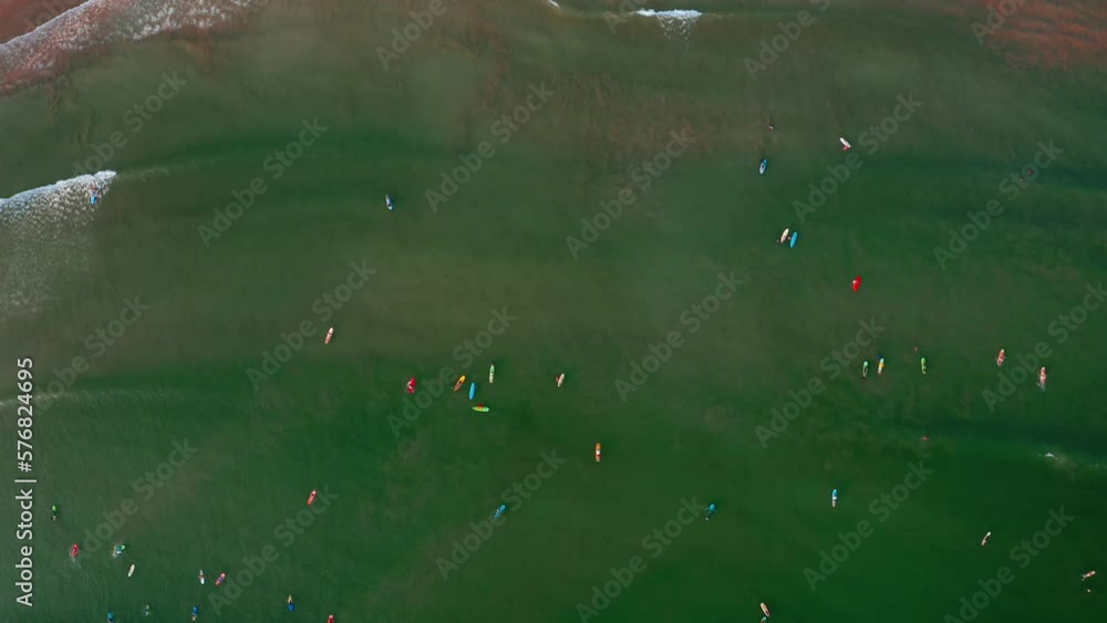 Wide angle aerial flying drone video shot of dozens surfers floating on multicolors surfing boards at Dewata sandy beach harbor. Active vacation spending 4K top view footage. Wide angle aerial flying drone video shot of dozens surfers floating on multicolors surfing boards at Dewata sandy beach harbor. Active vacation spending 4K top view footage.