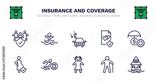 set of insurance and coverage thin line icons. insurance and coverage outline icons such as drown, hail on the car, marriage contract, money insurance, pregnancy pregnancy risk pool, child, elderly,