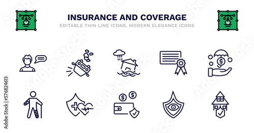 set of insurance and coverage thin line icons. insurance and coverage outline icons such as overturned car, inundation, license, investment insurance, wounded, wounded, health deposit vision