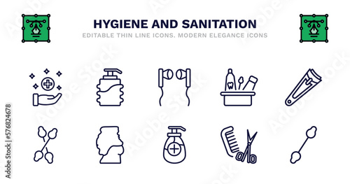 set of hygiene and sanitation thin line icons. hygiene and sanitation outline icons such as pump bottle, ear buds, hygiene kit, nail clippers, cotton swabs, cotton swabs, body shaming, antiseptic,