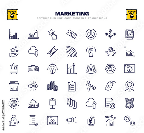 Fototapeta Naklejka Na Ścianę i Meble -  set of marketing thin line icons. marketing outline icons such as diagrams, appreciation, on, pig bank, yield, business eye, place, upload to cloud, webcode vector.