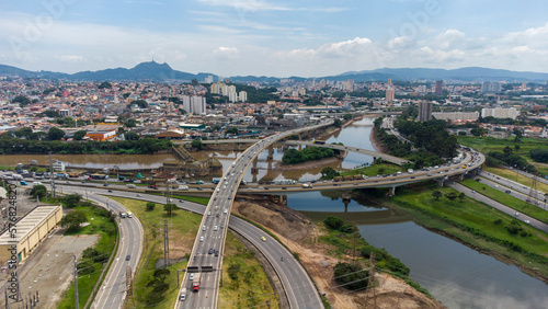 aerial view of Complexo do Cebolão is a set of bridges and viaducts in the region where the Tietê and Pinheiros rivers meet, in the city of São Paulo, Brazil. View from the bridges. 