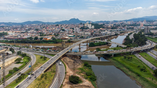 aerial view of Complexo do Cebolão is a set of bridges and viaducts in the region where the Tietê and Pinheiros rivers meet, in the city of São Paulo, Brazil. View from the bridges. 