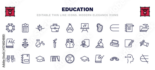 set of education thin line icons. education outline icons such as chemical diagram, archimedes principle, square root in class, open file, chemical content, diploma with seal, chemical test tube,