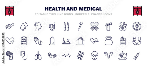 set of health and medical thin line icons. health and medical outline icons such as measure tape, neurology, pipette, injury, contraceptive pills, emergency, orange juice, pills, boy, injection