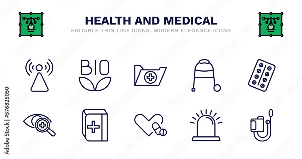 set of health and medical thin line icons. health and medical outline icons such as bio, records, medical walker, strip, optometrist, optometrist, book, antibiotics, emergency, sphygmomanometer set of health and medical thin line icons. health and medical outline icons such as bio, records, medical walker, strip, optometrist, optometrist, book, antibiotics, emergency, sphygmomanometer