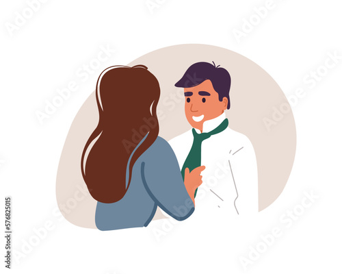 Woman tying or straightening a businessman's tie. Flat vector illustration