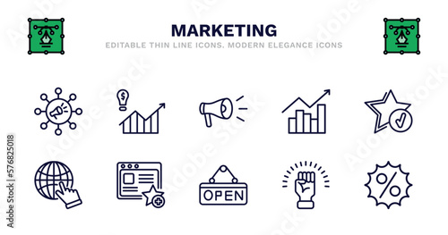 set of marketing thin line icons. marketing outline icons such as demand, campaign, trend, recommendation, web cursor, web cursor, favorite web, open, motivation, offer vector.