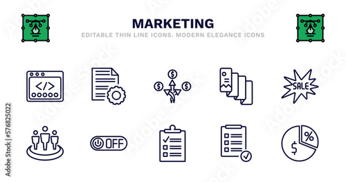 set of marketing thin line icons. marketing outline icons such as content management, diversify, flyer, sale, affiliate, affiliate, off, checklist, result, margin vector.