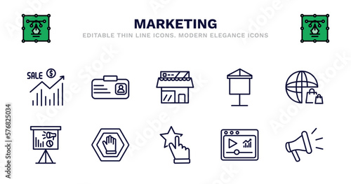 set of marketing thin line icons. marketing outline icons such as id, shop, banner, web shop, marketing presentation, presentation, ad blocker, appreciation, video promote vector.