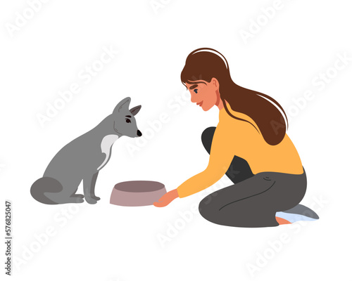 Woman feeding a dog. Flat vector illustration