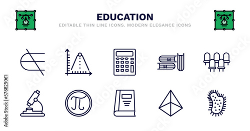 set of education thin line icons. education outline icons such as ballistic, adding hine, three books, grandstand, biology microscope, biology microscope, pi, closed book with marker, 3d de,