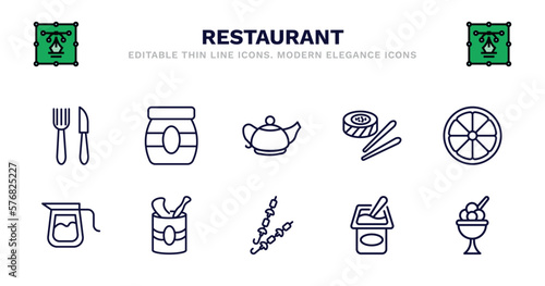 set of restaurant thin line icons. restaurant outline icons such as mermelade jar, vintage teapot, sushi piece, half lemon, coffe pot, coffe pot, open tin with spoon, two brochettes, yogurt with